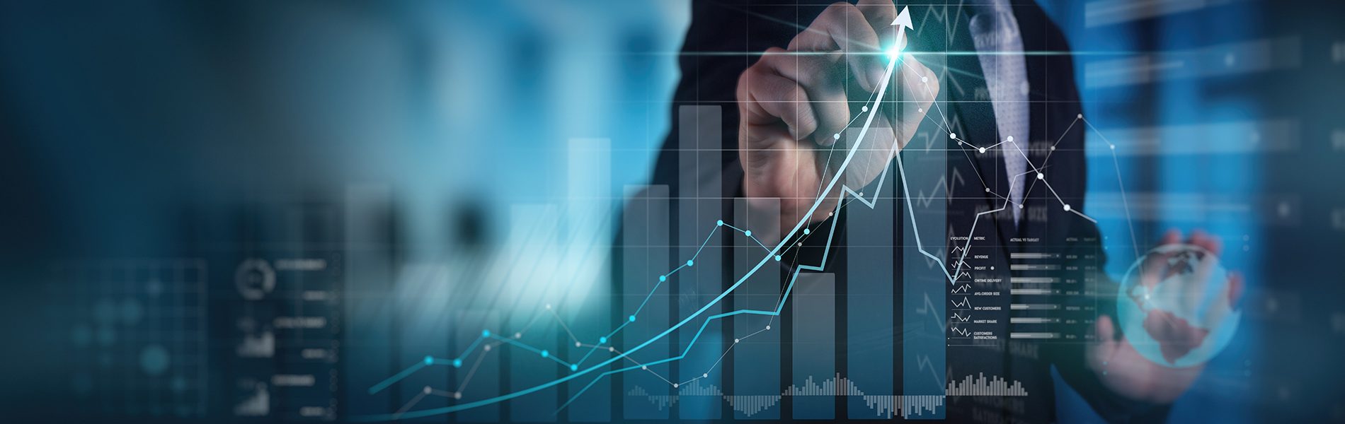 Businessman working with modern computer virtual dashboard analyzing finance sales data and economic growth graph chart and block chain technology.